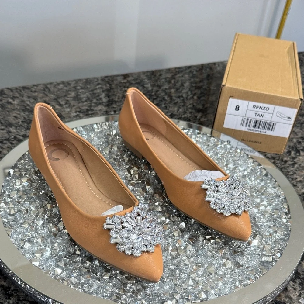 Journee Tan Pointed-Toe Flats with Crystal Embellishment NEW 8